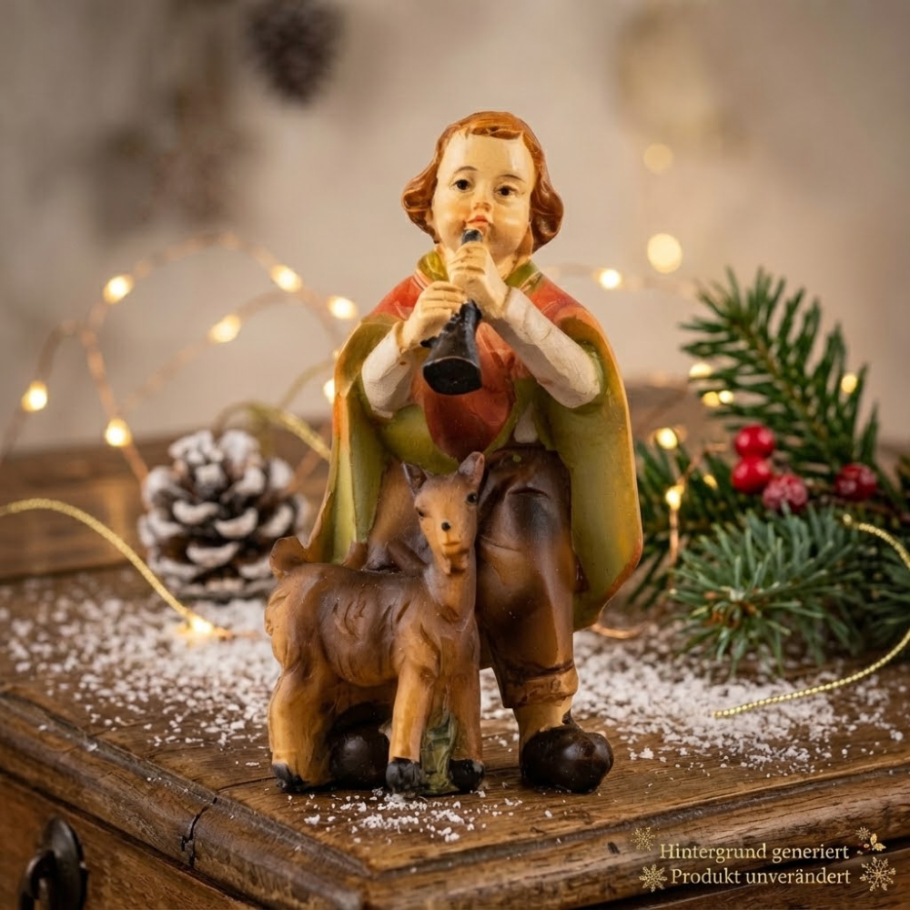 Handbemalte Krippenfigur Kind mit einer Ziege, ca. 7 cm, K 001-30